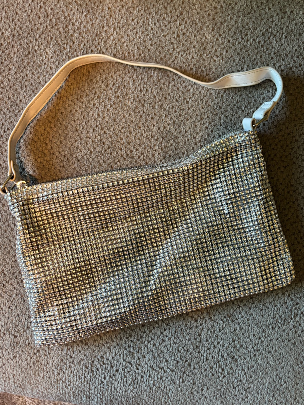 Silver Crystal Mesh Shoulder Bag with White Strap